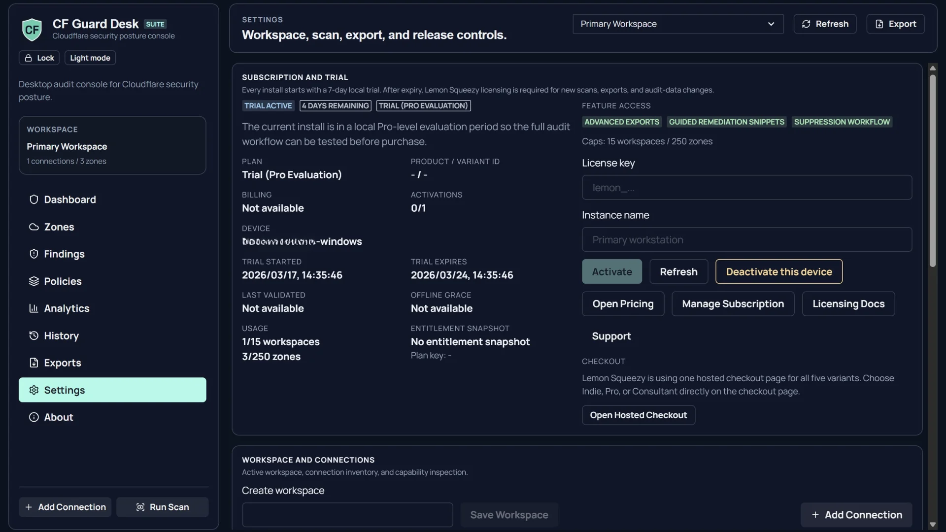 CF Guard Desk settings screen showing subscription and trial status, advanced export access, guided remediation snippets, suppression workflow, license activation, workspace controls, and hosted checkout links.